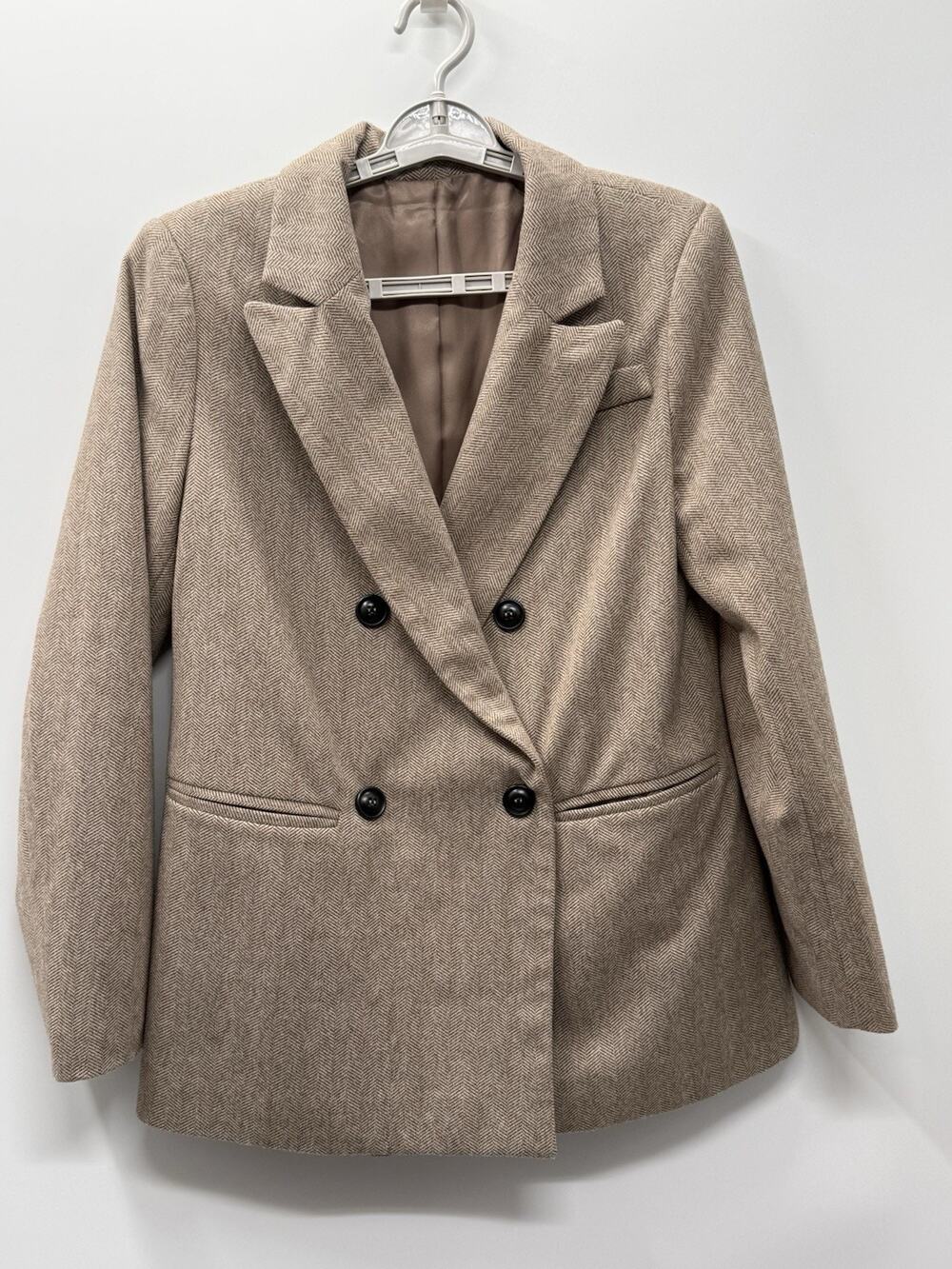 Herringbone Double Breasted Blazer Taupe Quiet Luxury Academia Jacket Medium